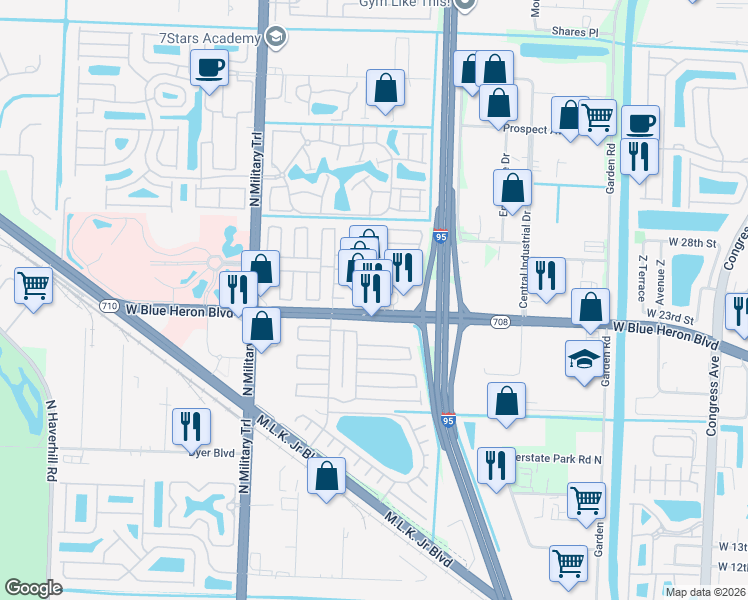 map of restaurants, bars, coffee shops, grocery stores, and more near 4128 West Blue Heron Boulevard in Riviera Beach