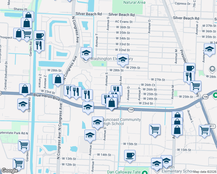 map of restaurants, bars, coffee shops, grocery stores, and more near 2624 Avenue S in Riviera Beach
