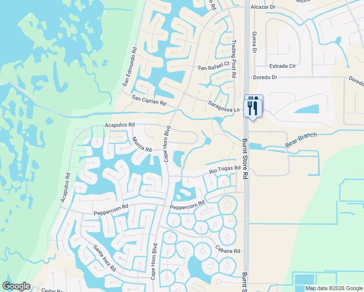 map of restaurants, bars, coffee shops, grocery stores, and more near 16633 Acapulco Road in Punta Gorda