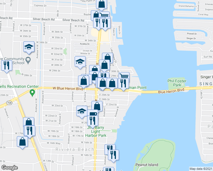 map of restaurants, bars, coffee shops, grocery stores, and more near 57 East 27th Street in West Palm Beach