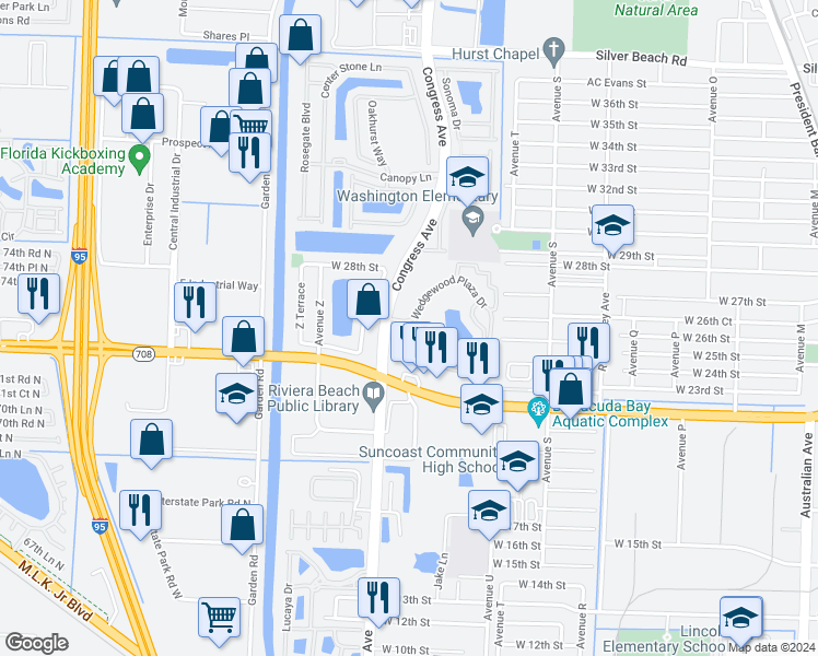 map of restaurants, bars, coffee shops, grocery stores, and more near 405 Wedgewood Plaza Drive in Riviera Beach