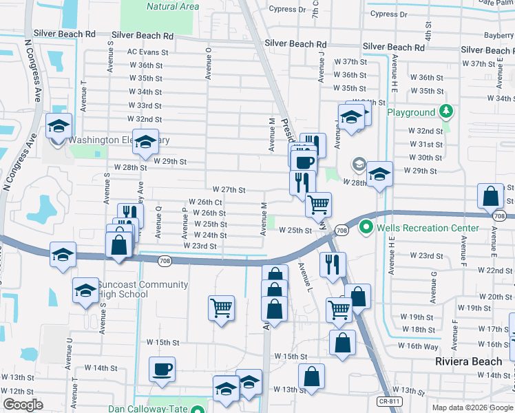 map of restaurants, bars, coffee shops, grocery stores, and more near 1105 West 26th Court in West Palm Beach