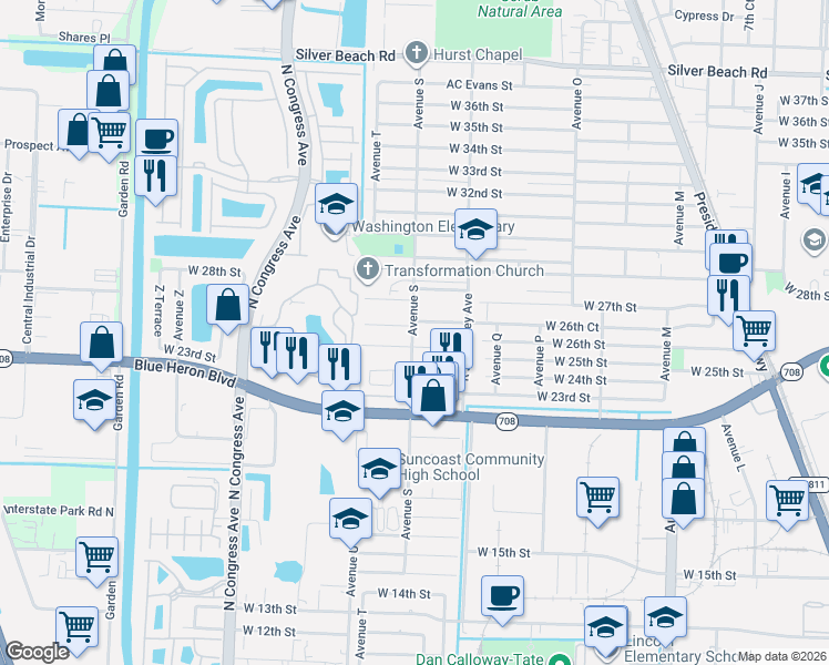 map of restaurants, bars, coffee shops, grocery stores, and more near 2624 Avenue S in Riviera Beach