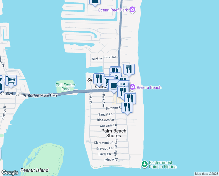 map of restaurants, bars, coffee shops, grocery stores, and more near 1281 Blue Heron Boulevard in Riviera Beach