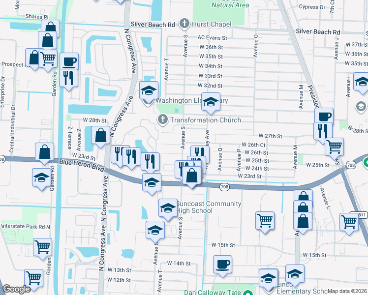 map of restaurants, bars, coffee shops, grocery stores, and more near 2624 Avenue S in Riviera Beach