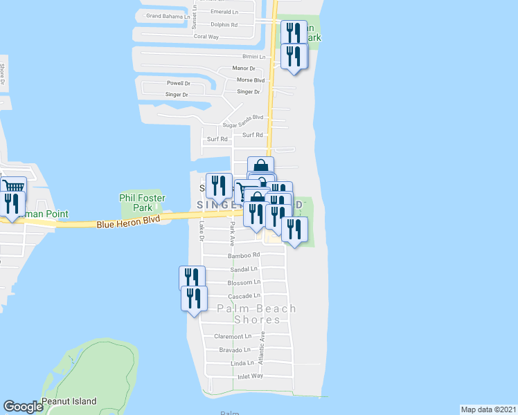 map of restaurants, bars, coffee shops, grocery stores, and more near 1281 Blue Heron Boulevard in Riviera Beach