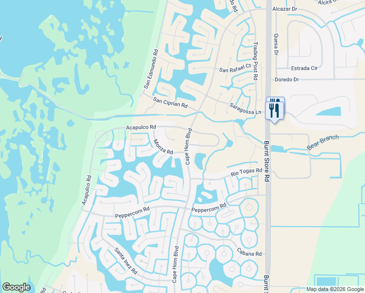map of restaurants, bars, coffee shops, grocery stores, and more near 17043 Cape Horn Boulevard in Punta Gorda