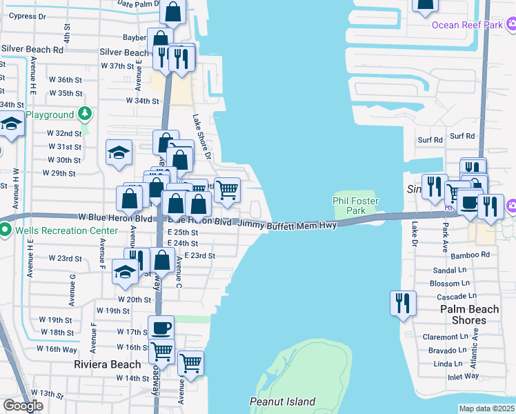 map of restaurants, bars, coffee shops, grocery stores, and more near 2650 Lake Shore Drive in West Palm Beach