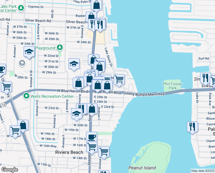 map of restaurants, bars, coffee shops, grocery stores, and more near 171 East 27th Street in West Palm Beach