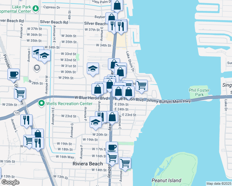 map of restaurants, bars, coffee shops, grocery stores, and more near 57 East 27th Street in West Palm Beach