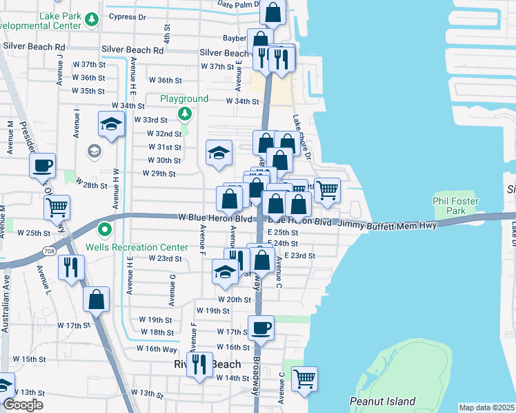 map of restaurants, bars, coffee shops, grocery stores, and more near 2635 Broadway Avenue in Riviera Beach