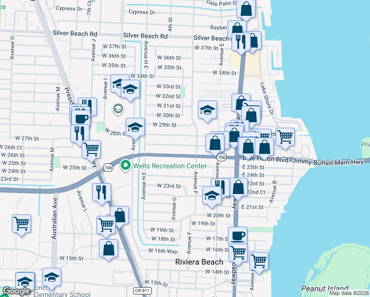 map of restaurants, bars, coffee shops, grocery stores, and more near 253 West 27th Street in West Palm Beach
