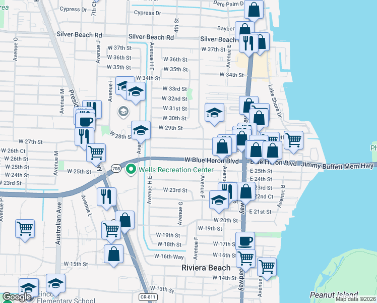map of restaurants, bars, coffee shops, grocery stores, and more near 253 West 27th Street in West Palm Beach