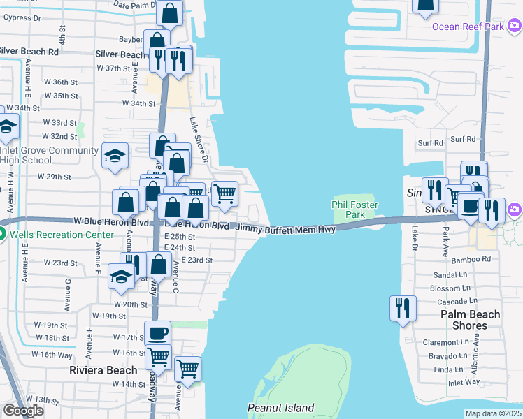 map of restaurants, bars, coffee shops, grocery stores, and more near 2650 Lake Shore Drive in Riviera Beach