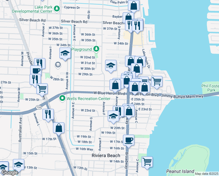map of restaurants, bars, coffee shops, grocery stores, and more near in Riviera Beach