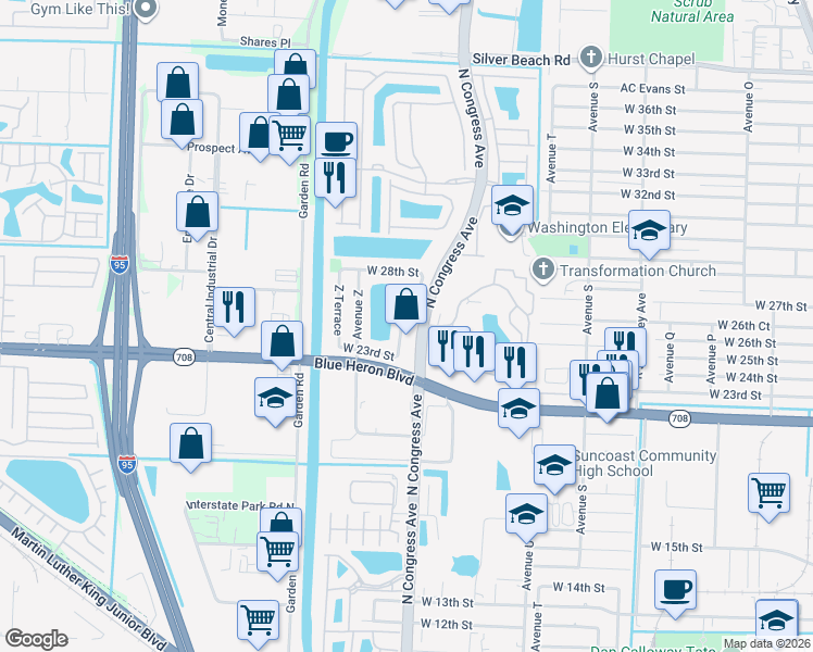 map of restaurants, bars, coffee shops, grocery stores, and more near 1805 West 26th Street in West Palm Beach