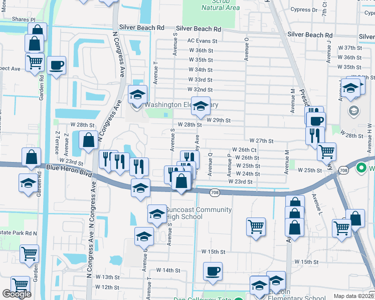 map of restaurants, bars, coffee shops, grocery stores, and more near 2631 R J Hendley Avenue in West Palm Beach