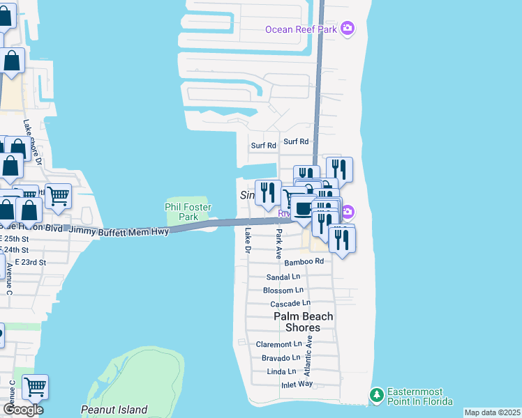 map of restaurants, bars, coffee shops, grocery stores, and more near 1100 Blue Heron Boulevard in West Palm Beach