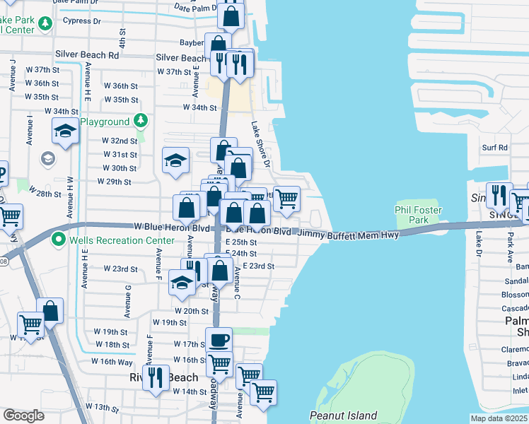 map of restaurants, bars, coffee shops, grocery stores, and more near 171 East 27th Street in West Palm Beach