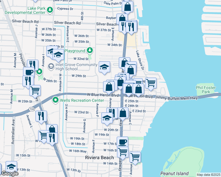 map of restaurants, bars, coffee shops, grocery stores, and more near 2629 Avenue East in Riviera Beach