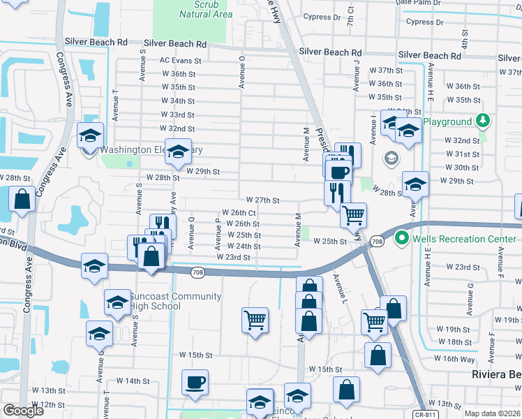 map of restaurants, bars, coffee shops, grocery stores, and more near 1153 West 26th Court in West Palm Beach