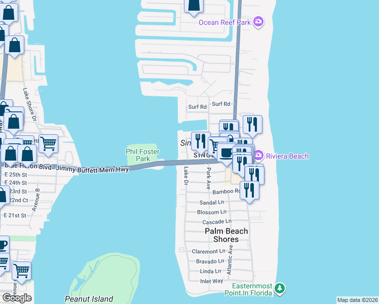 map of restaurants, bars, coffee shops, grocery stores, and more near 1100 Blue Heron Boulevard in West Palm Beach