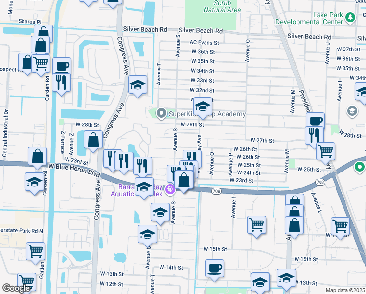 map of restaurants, bars, coffee shops, grocery stores, and more near 2624 Avenue S in Riviera Beach