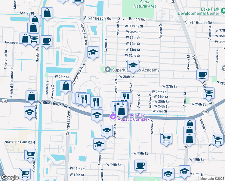 map of restaurants, bars, coffee shops, grocery stores, and more near 2624 Avenue S in Riviera Beach