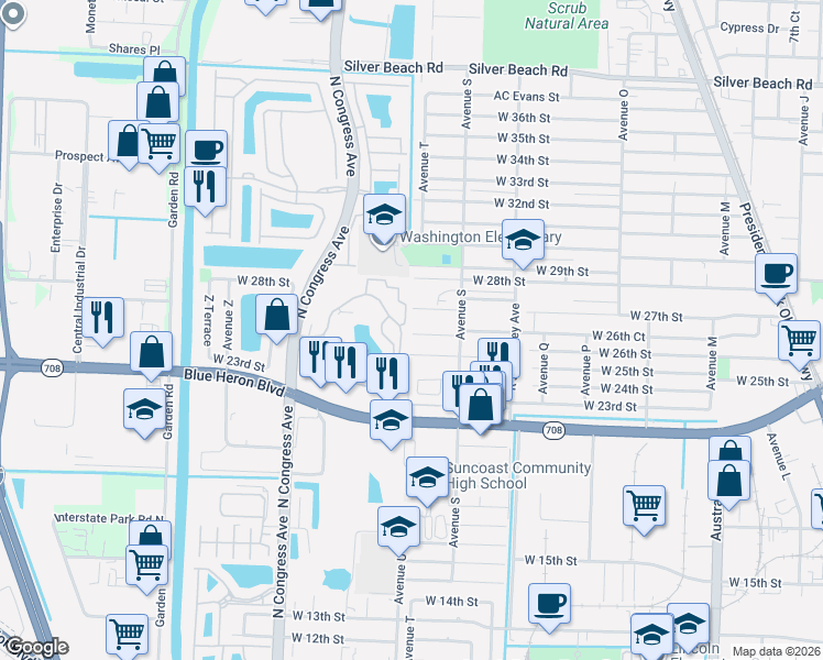 map of restaurants, bars, coffee shops, grocery stores, and more near 1659 West 26th Court in West Palm Beach