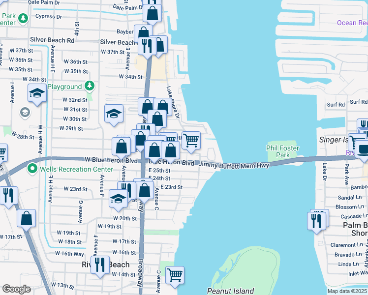 map of restaurants, bars, coffee shops, grocery stores, and more near 171 East 27th Street in West Palm Beach