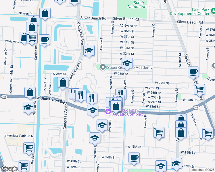 map of restaurants, bars, coffee shops, grocery stores, and more near 2624 Avenue S in Riviera Beach