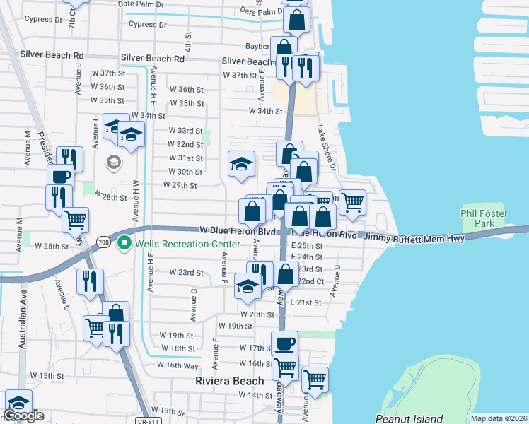 map of restaurants, bars, coffee shops, grocery stores, and more near 2629 Avenue East in Riviera Beach