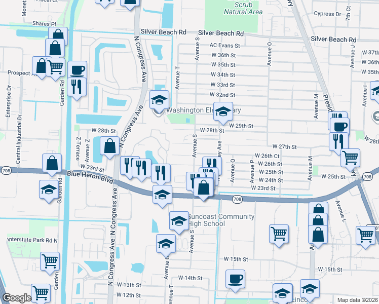 map of restaurants, bars, coffee shops, grocery stores, and more near 2624 Avenue S in Riviera Beach