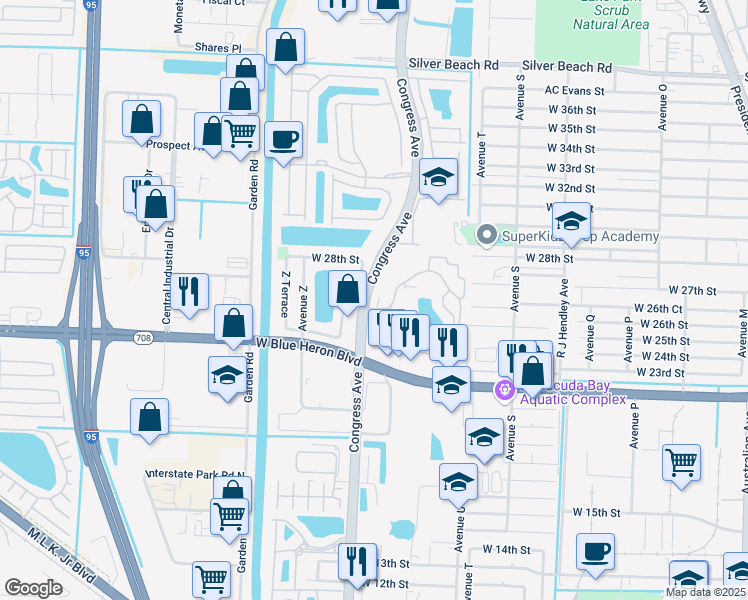 map of restaurants, bars, coffee shops, grocery stores, and more near 2304 North Congress Avenue in West Palm Beach