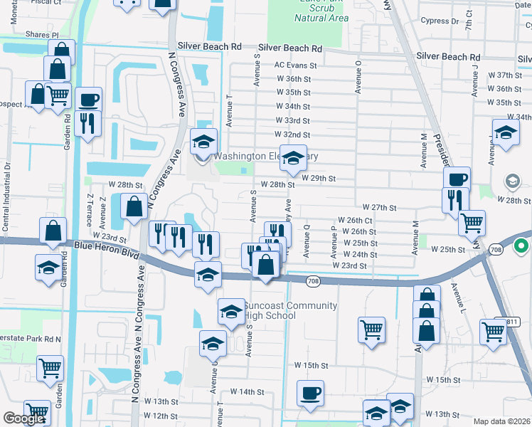 map of restaurants, bars, coffee shops, grocery stores, and more near 2624 Avenue S in Riviera Beach