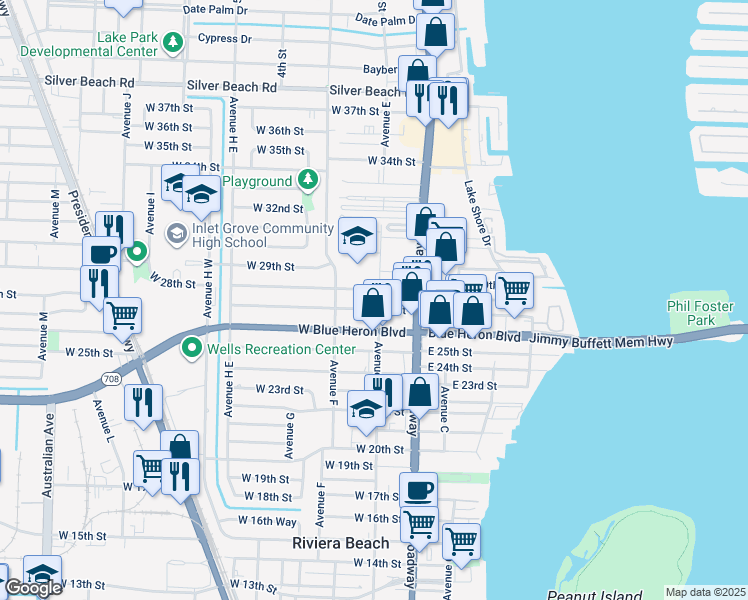 map of restaurants, bars, coffee shops, grocery stores, and more near 2701 Avenue East in Riviera Beach