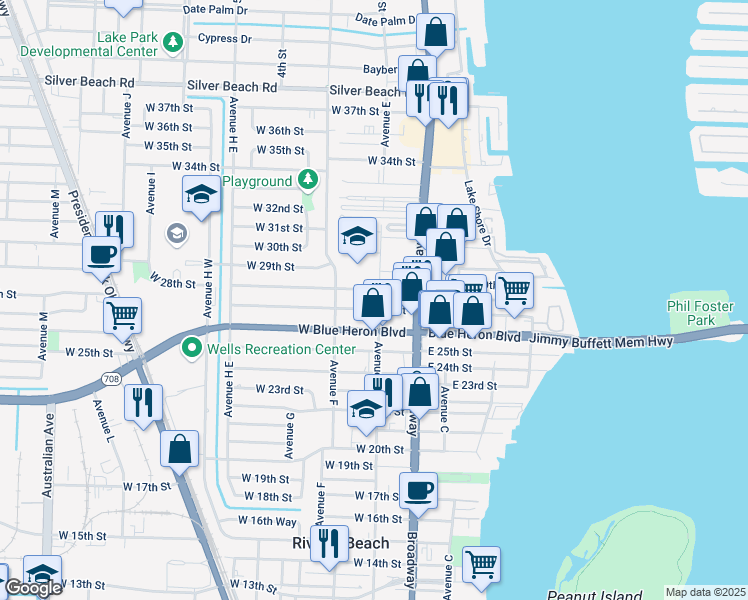 map of restaurants, bars, coffee shops, grocery stores, and more near 2629 Avenue East in Riviera Beach