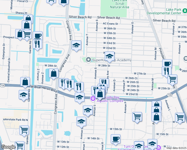 map of restaurants, bars, coffee shops, grocery stores, and more near 2624 Avenue S in Riviera Beach