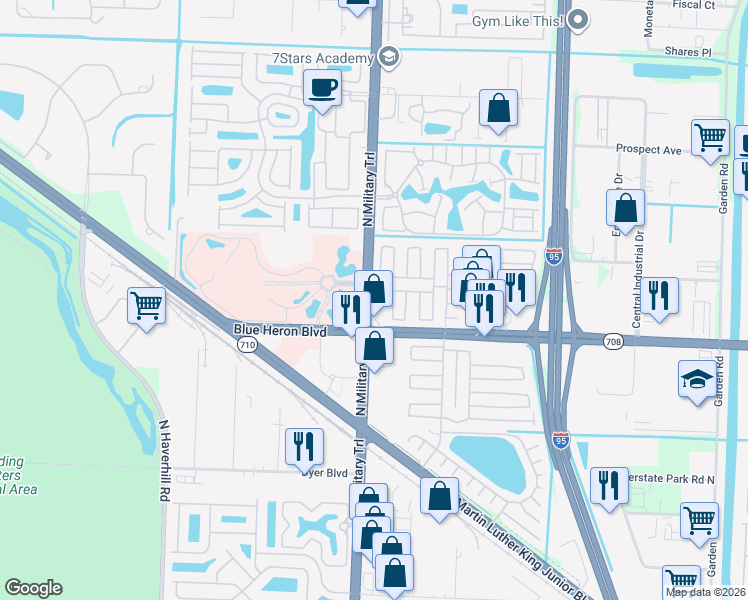 map of restaurants, bars, coffee shops, grocery stores, and more near 7305 North Military Trail in Riviera Beach