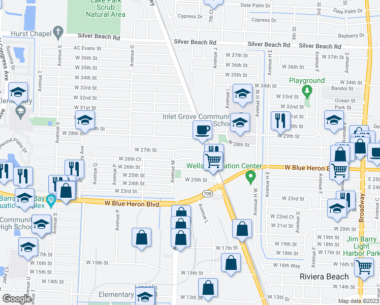 map of restaurants, bars, coffee shops, grocery stores, and more near 1065 West 27th Street in West Palm Beach