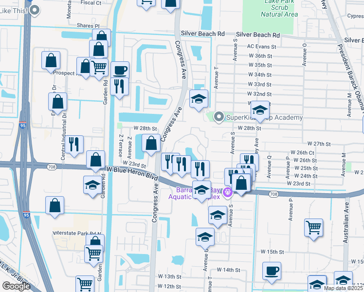 map of restaurants, bars, coffee shops, grocery stores, and more near 2304 North Congress Avenue in Riviera Beach
