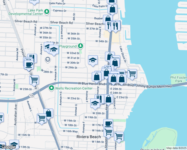 map of restaurants, bars, coffee shops, grocery stores, and more near 182 West 28th Street in West Palm Beach