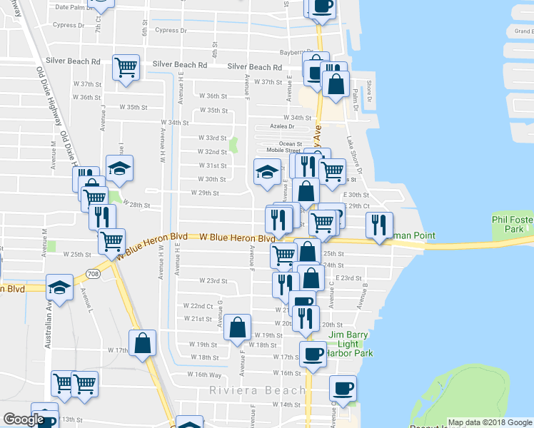 map of restaurants, bars, coffee shops, grocery stores, and more near 182 West 28th Street in West Palm Beach