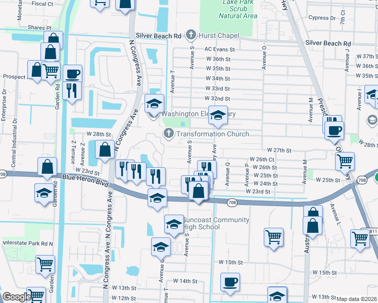 map of restaurants, bars, coffee shops, grocery stores, and more near 2830 Avenue S in Riviera Beach