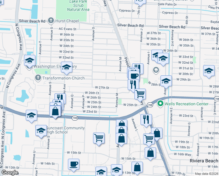 map of restaurants, bars, coffee shops, grocery stores, and more near 1104 West 27th Street in West Palm Beach