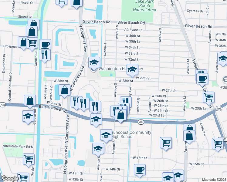 map of restaurants, bars, coffee shops, grocery stores, and more near 2830 Avenue S in Riviera Beach