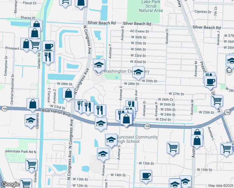 map of restaurants, bars, coffee shops, grocery stores, and more near 2830 Avenue S in Riviera Beach