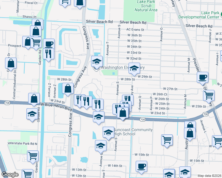 map of restaurants, bars, coffee shops, grocery stores, and more near 2831 Avenue S in Riviera Beach