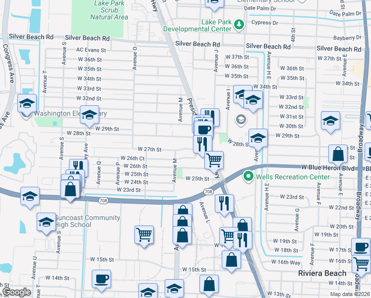 map of restaurants, bars, coffee shops, grocery stores, and more near 1069 West 28th Street in West Palm Beach
