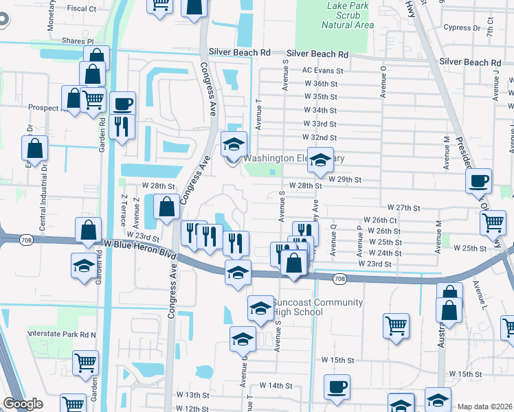 map of restaurants, bars, coffee shops, grocery stores, and more near 2831 Avenue S in Riviera Beach